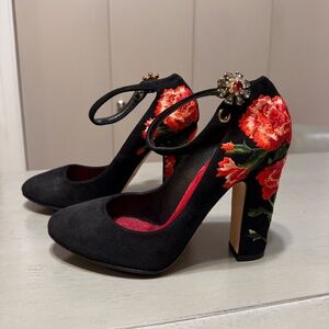 Dolce & Gabbana (37.5) Suede+Silk Brocade Mary-Janes